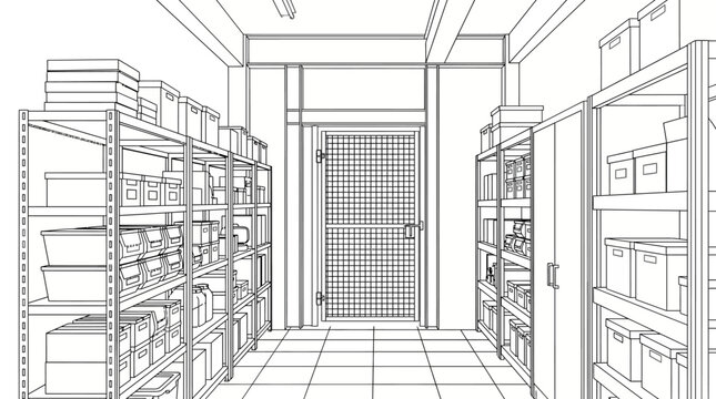 A detailed line drawing of a storage room filled with shelves packed with boxes and containers, leading to a closed door.