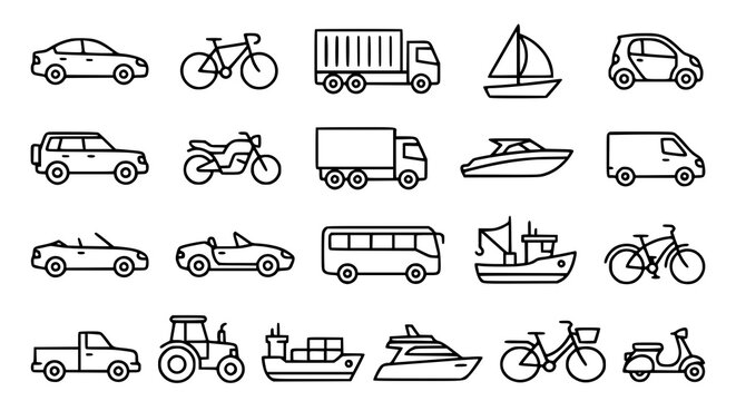 Minimal transportation icon set with cars bikes trucks and boats in simple vector line art design