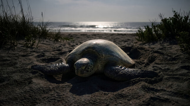 Green Sea Turtle Nesting on Moonlit Beach