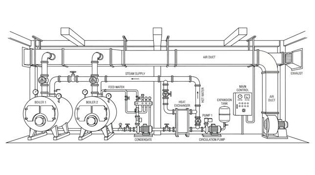 Schematic diagram illustrating a complex industrial HVAC system with multiple pumps, filters, and air handling units.
