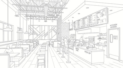 Obraz premium Architectural sketch of a modern fast-casual restaurant interior with a service counter, seating areas, and kitchen view.