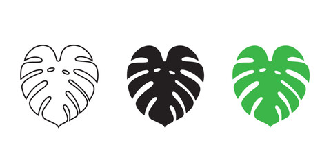 Monstera leaf icons. Tropical jungle foliage outline, silhouette, and green flat design vector. © Articurve