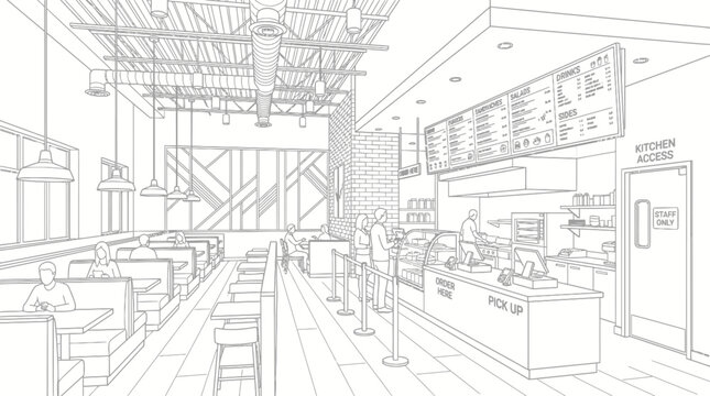 Architectural sketch of a modern fast-casual restaurant interior with a service counter, seating areas, and kitchen view.