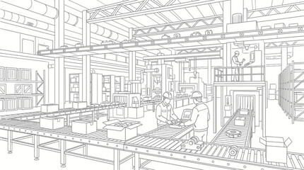 Fototapeta premium An industrial factory interior with workers on an assembly line, boxes, and conveyor belts, showcasing manufacturing processes.
