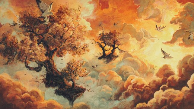 Fantasy Sky Garden Above Clouds With Blooming Trees and Warm Surreal Sunrise Glow