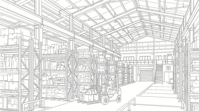 Detailed architectural sketch of a large, modern warehouse interior with high ceilings, industrial shelving, and a forklift in operation.