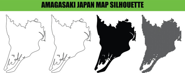 Amagasaki city map silhouette vector illustration isolated on white background with different styles like solid outline dotted and detailed geographic boundary line. © Md Asif Shahnaoaz