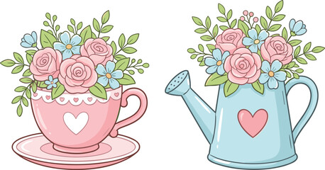 Romantic Floral Bouquet in Pink Teacup and Blue Watering Can Vector Set for Spring Greetings and Mother Day Cards © tofajjol studio