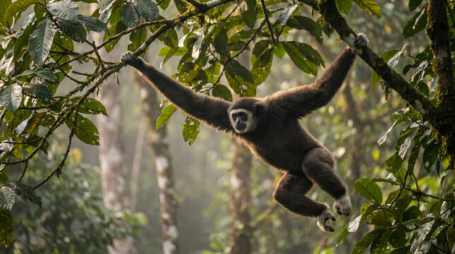 Gibbon Swinging Through Canopy in Dappled Morning Light