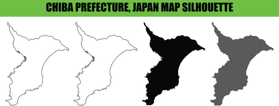 Chiba prefecture japan map silhouette as simple flat vector outline and dark black solid shape design elements set for cartography projects isolated on grid background.