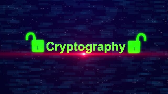 High-tech Digital Background Featuring The Word Cryptography In A Green Pixelated Font Flanked By Two Glowing Open Padlocks. A Central Red Horizontal Lens Flare Shines Against A Dark Blue Field Of Sca