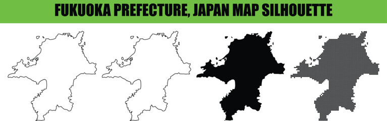 Fukuoka prefecture map silhouette vector illustration isolated on white background with different styles like solid outline dotted and detailed geographic boundary line. © Md Asif Shahnaoaz