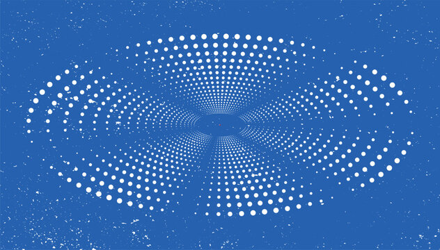Blue background with white oval halftone dot pattern perspective grid vector illustration.