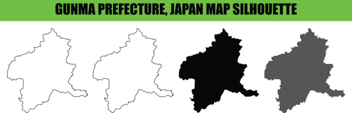 Gunma prefecture japan map silhouette vector set including outline solid filled and dotted styles on transparent background.