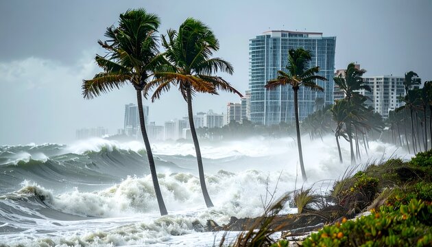 Stormy beach windblown palms, crashing waves, city backdrop under a gray sky