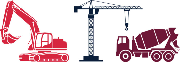 Excavator crane and concrete mixer trucks construction vehicles in solid style with construction © Bakalia