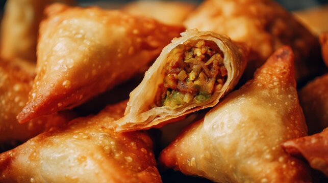 A close-up view of crispy golden samosas, with one cut open to reveal a savory vegetable filling