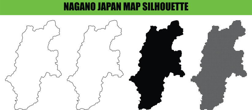Nagano japan prefecture map silhouette as simple flat vector outline and dark black solid shape design elements set for cartography projects isolated on grid background.