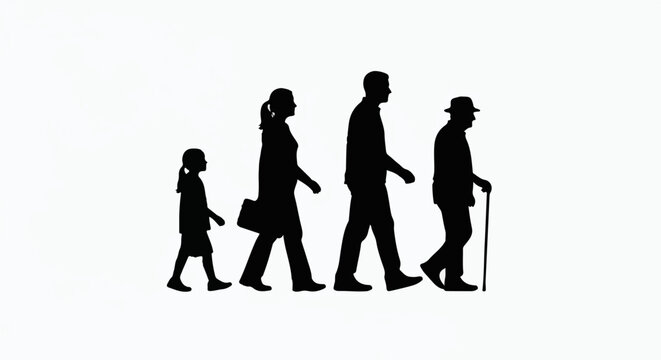 Silhouette of a family from child to elderly man walking together