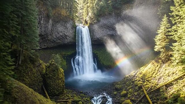 A beautiful waterfall cascades into a pool of water surrounded by lush green vegetation