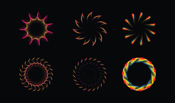 Colorful neon halftone circle frames on black background creative set vector illustration.