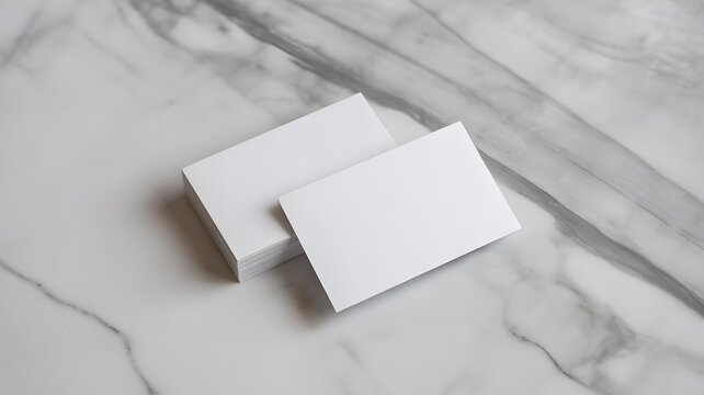 Blank white business cards mockup on luxury marble background for corporate brand identity and stationery design presentation.