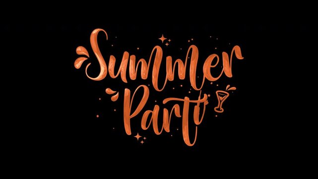 Animated text summer party in elegant orange script with festive accents. Suitable for invitations, banners, social media graphics, and event promotional materials.