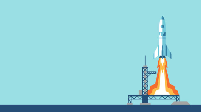 Rocket launch from launchpad illustration in flat design style, startup concept, business growth, and space exploration.