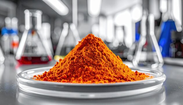 A vibrant red phosphorus powder forming a small conical pile on a ceramic plate in a laboratory setting.