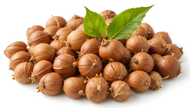  Hazelnuts with green leaf isolated on transparent background (PNG), mix of whole unshelled and shelled hazelnuts, natural woody texture and warm brown tones, fresh green leaf accent, high detail, rea