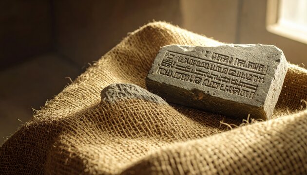 Close-up view of an ancient Sumerian administrative tablet with proto-cuneiform inscriptions resting on textured burlap fabric.