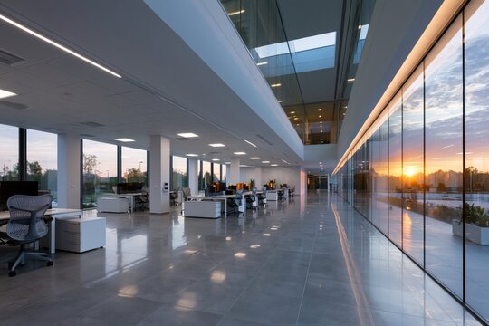 Modern Workspace: A contemporary office space, flooded with natural light and offering panoramic views of the cityscape. Reflecting the perfect blend of functionality and aesthetic appeal