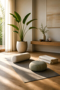 Serene yoga space with mat, cushion and natural sunlight in minimalist room