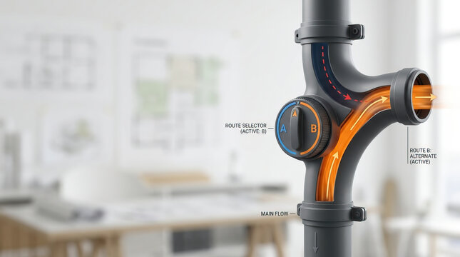 Pipe segment with route selector showing flow direction in modern office environment, illustrating fluid control and alternate flow paths with clear arrows and labels