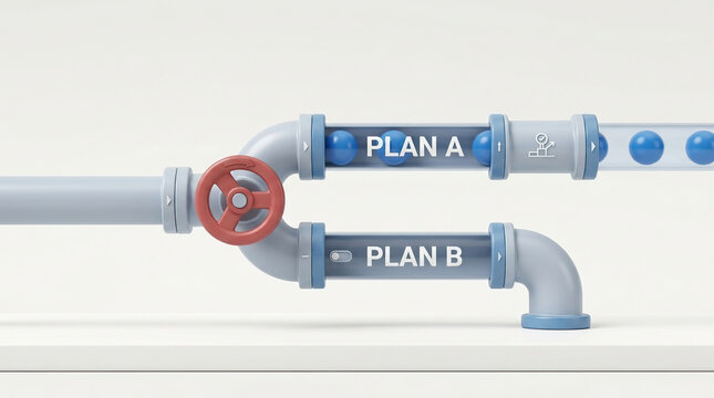 Plan and Plan B pipeline system valve switching concept with blue spheres flowing through transparent pipes, symbolizing decision making and alternative options