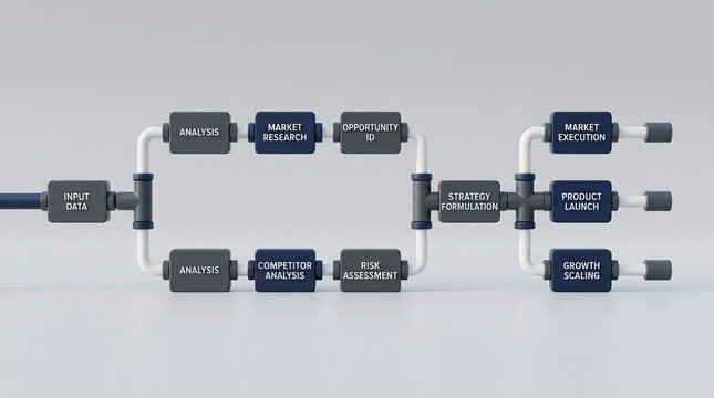 Business process flowchart with pipeline and branching output showing stages of data input analysis market research competitor analysis risk assessment strategy formulation market execution
