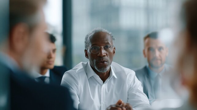 Strategic Discussion: A seasoned executive leads a board meeting, immersed in an engaging discussion with his colleagues, showcasing collaboration and thoughtful conversation.