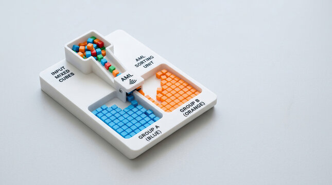 Colorful small cubes sorting device with blue and orange cubes separated into groups, demonstrating automated sorting technology in clean white tray on light surface