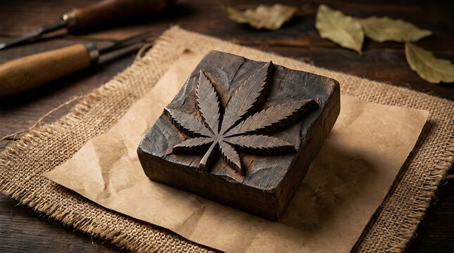 Antique wooden stamp featuring an intricately carved hemp leaf, resting on textured burlap and brown paper.