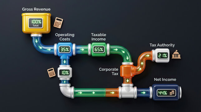 Gross revenue flows through operating costs and taxable income, then corporate tax is deducted before reaching net income, illustrating financial distribution with colorful pipeline nodes