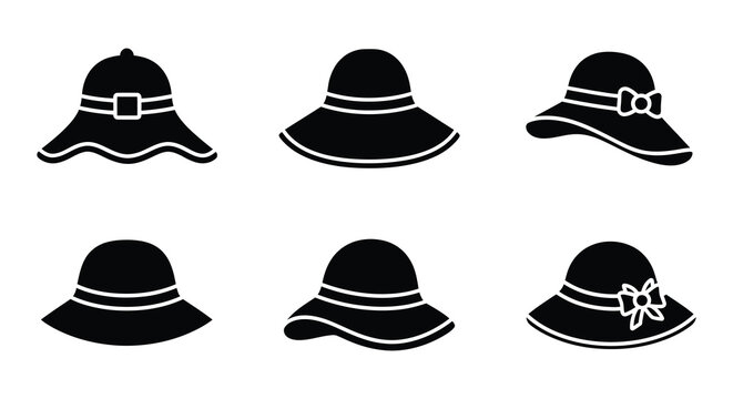 Flat vector collection of various women s hats black silhouettes