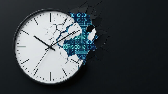 Cracked analog clock face revealing digital time display behind broken surface, symbolizing transition from traditional to modern timekeeping with futuristic blue light glow