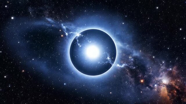 Stunning solar eclipse in space with celestial bodies aligning against a starry night sky background
