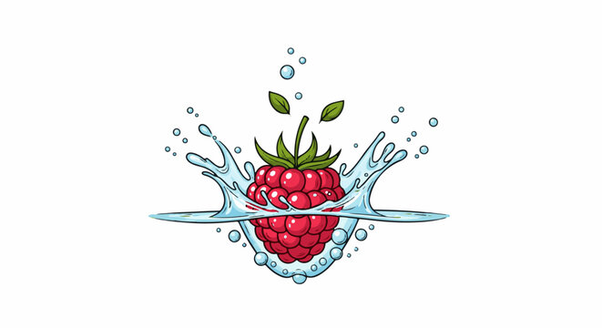 A red raspberry splashes into clear water with green leaves above