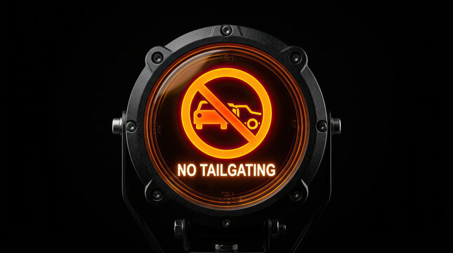 No tailgating warning light with bright orange illuminated symbol and text on black background, emphasizing safe driving and vehicle distance to prevent accidents