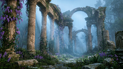 Naklejka premium Towering ancient stone columns and arches draped in cascading purple wisteria stand amid a misty forest, creating a mystical and ethereal atmospheric scene.