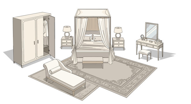Sophisticated master bedroom features a luxurious canopy bed, matching nightstands with lamps, a dressing table, and a chaise lounge.