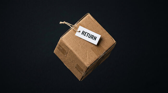 Return label on cardboard box isolated on black background, concept of package delivery, shipping, or product return service with copy space for text or design