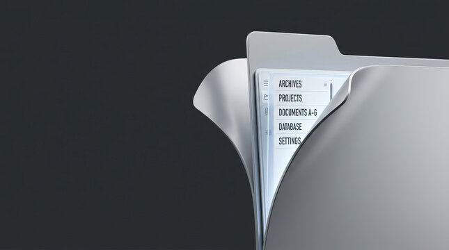 Digital folder tab splitting open revealing file categories on dark background, symbolizing organized data management and digital archiving system