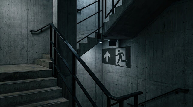 Industrial staircase with emergency exit sign in dimly lit concrete stairwell, featuring metal railings and shadowed walls creating moody atmosphere